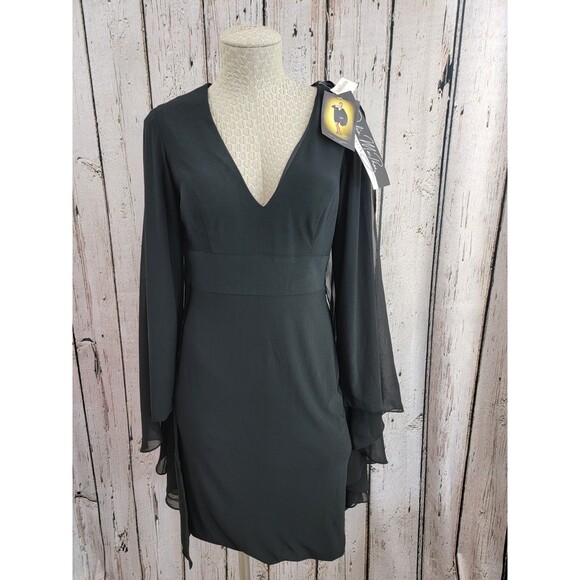 Dalia MacPhee Women's Size 4 Black Sheer Caped Long Sleeve Sheath Dress $260 NEW - Picture 2 of 15